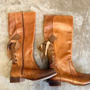 Gianni Bini Brown Leather Ankle Boots with Ribbon Detail